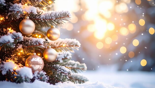 Snow covered Christmas tree decorated with golden baubles and lights glowing warmly in a peaceful winter landscape representing festive tradition family and seasonal magic - Powered by Adobe