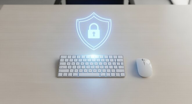 Digital security and privacy concept with a futuristic holographic shield icon floating above a modern computer keyboard