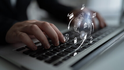 Worldwide digital payment network showing secure financial transactions. Digital payment supports...