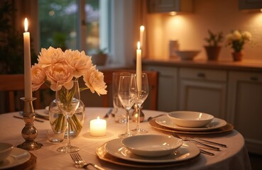 Table set for romantic dinner for two. Candlelight creates warm, cosy ambience with flowers. Elegant plates, wine glasses await. Perfect for anniversary, Valentine Day, intimate celebration at home.