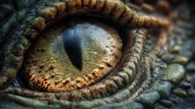 Intense reptilian eye detail captures ancient power and primal gaze, evoking mystery and the untamed wild.