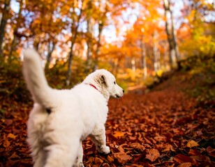 A white puppy walks through a fall forest