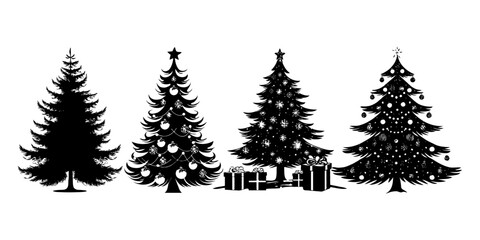 Obraz premium Silhouettes of four Christmas trees with ornaments and presents in flat graphic style on white background, concept of festive holiday decoration