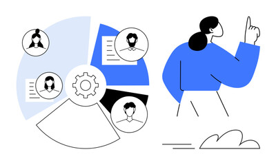 Woman pointing to an idea next to a segmented chart with team profiles, settings gear, and documents. Ideal for teamwork, workflow, analytics, HR, project planning, decision-making and simple flat