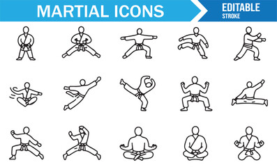 Vector martial arts icons pack showing karate kicks, punches, defense stances, and combat athlete practice movements