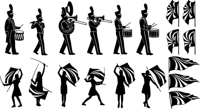 Marching band svg, Color guard svg, Color guard silhouette, Marching band silhouette, Color guard flags svg, Color guard vector set 