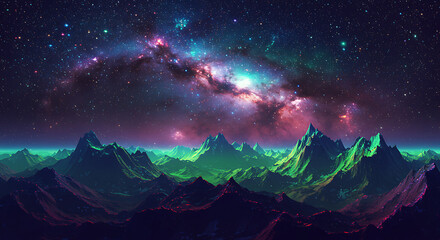 Fototapeta premium Alien Landscape Vibrant Nebula Over Glowing Mountains