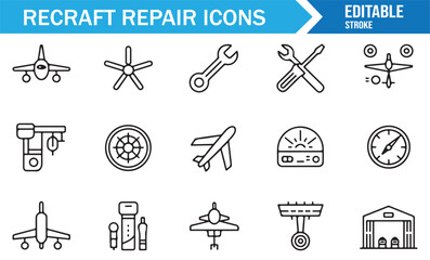 Vector set of aircraft repair outline icons with aviation service tools, propeller, cockpit instruments, and workshop hangar