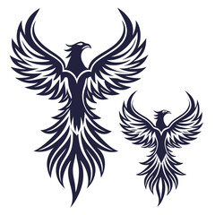 Obraz premium Two dark blue stylized phoenix birds with spread wings on white mythical creature