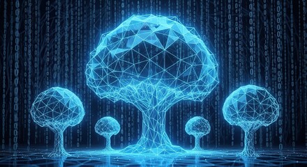 Digital tree made of glowing blue geometric shapes and binary code