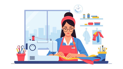 Crafting Confidence: A talented craftswoman is meticulously focused on her sewing machine, surrounded by her tools and materials in a creative space, showcasing artistry and dedication.