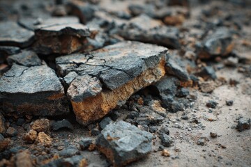 Fototapeta premium Heap of Damaged Asphalt Debris on Surface. Remnants of Road Repair and Construction Waste