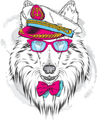 Cute dog in a captain's cap. Charming puppy. Vector illustration.