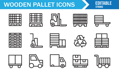 Wooden pallet icons with forklift, truck, trolley, and recycling outline symbols for logistics and warehouse vector set