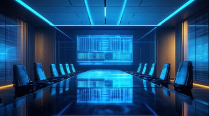Futuristic conference room with holographic displays on table and wall screens showing digital interfaces for high tech business meetings and smart boardroom concept

