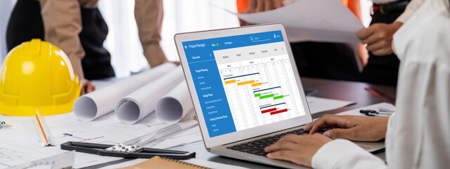 Project planning software for brisk business project management on the computer screen showing timeline chart of the team project