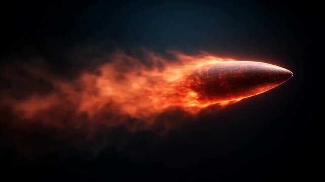 A fiery bullet racing through a dark atmosphere, leaving a trail of flames and smoke behind