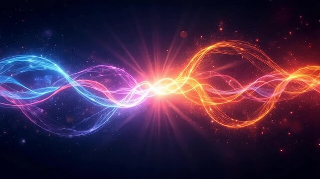 Energetic blue and orange waveforms colliding in a dynamic particle field perfect for technology, energy, or abstract science content