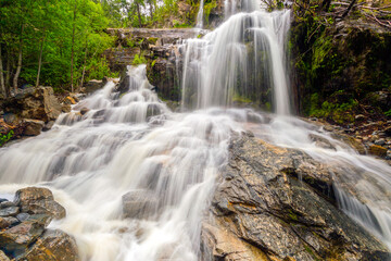 Naramata Creek Park Waterfall cascades through lush greenery in British Columbia, Canada.
