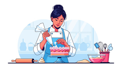 Sweet Artistry: A skilled pastry chef, immersed in the art of cake decorating, carefully pipes delicate swirls of frosting onto a multi-layered cake.