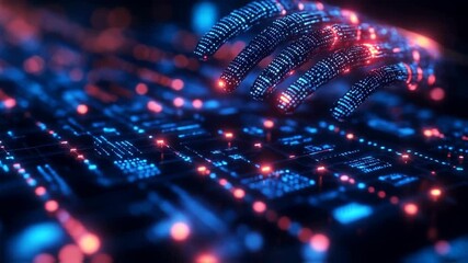 A futuristic hand composed of glowing circuitry interacts with a digital keyboard in a cybernetic environment - Powered by Adobe