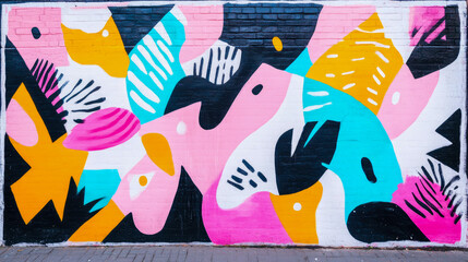 Playful and vivid abstract mural transforming urban brick wall with artistic explosion of fuchsia, teal, mustard yellow, black, and white shapes and graphic stripes.