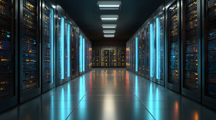 Modern data center with rows of illuminated server rcks, representing cloud coputing, cybersecurity, anddigital infrastructure. Idal for IT, security, and ntworking concepts