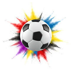 Fototapeta premium Soccer ball dynamic colorful powder explosion isolated transparent background