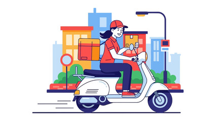 Speedy Delivery: An illustrated woman zips through the city streets on a retro scooter, symbolizing prompt and efficient package transportation. A beacon of service and convenience!