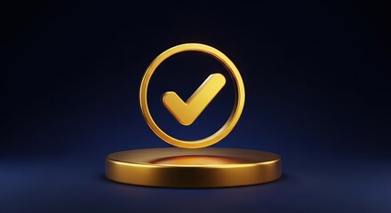 Golden check mark symbol on a podium against dark background