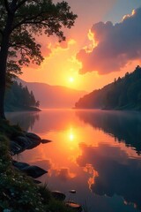 Serene sunrise over a tranquil lake, reflecting the peaceful, spiritual energy of nature Perfect for meditation, contemplation, and religious themes , heavenly, calm