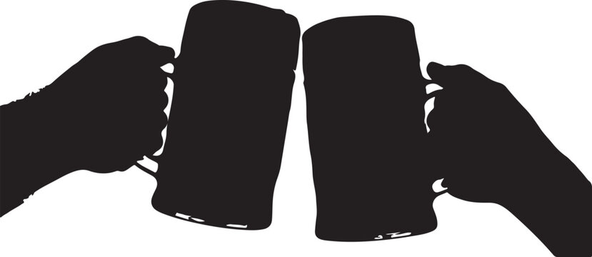 Silhouettes of two hands holding beer mugs clinking together toasting celebration