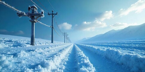 Icy blue electric wires snake across a frozen landscape, frost clinging to metal, conveying a sense of stark, frigid power , cable, cold