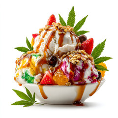 Marijuana weed cannabis-infused sundae with rainbow ice cream, syrup, fruit and leaves
