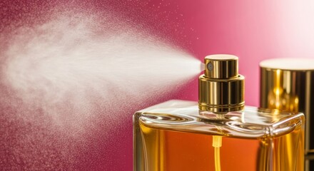 Close-up of Amber Perfume Bottle Spraying Fine Mist Against Pink Background