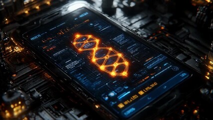 A futuristic smartphone displaying a glowing DNA sequence on a high-tech circuit board background - Powered by Adobe
