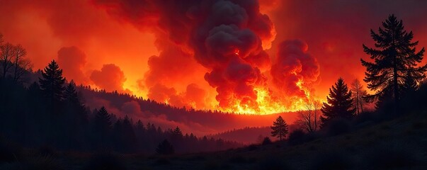 Fierce wildfire raging through a dry forest, consuming trees and underbrush, creating a massive plume of smoke in the sky  The intense flames illuminate the night sky ,  ash,  danger,  conflagration