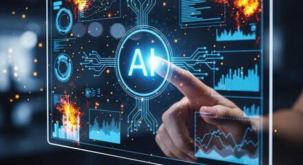 Finger touching ai interface with data charts and fire elements
