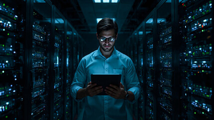 A male IT technician stands in a dark server room, holding and using a tablet. Rows of glowing blue and green LED servers surround him, highlighting cybersecurity, data analysis, and modern futuristic