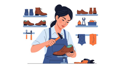 The Cobbler's Craft: A dedicated craftswoman, absorbed in her work, skillfully repairs a shoe, surrounded by the tools and trappings of her trade. Her focus embodies the dedication.