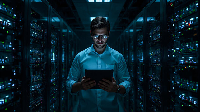 A male IT technician stands in a dark server room, holding and using a tablet. Rows of glowing blue and green LED servers surround him, highlighting cybersecurity, data analysis, and modern futuristic
