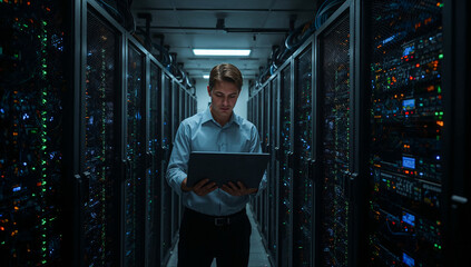 A focused male IT technician works in a dark server room, using a digital tablet. Rows of glowing servers create a high-tech atmosphere of cybersecurity, data analysis, and troubleshooting. AI