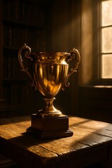 Golden trophy stands in the light of a window