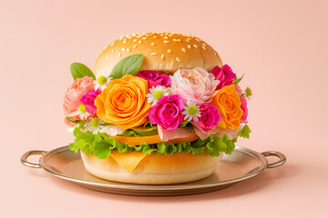 Colorful flower burger on a silver tray with fresh greens and vibrant blooms set against a pastel background Generative AI