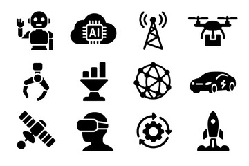 Solid future tech icons. Includes symbols for neural networks, VR, satellite, smart car, robotic claw and projection. Minimal innovation vector set.