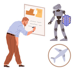 Man drawing on board, robot with shield, airplane symbolizing innovation, technology, and creativity. Ideal for invention, engineering, research, collaboration future brainstorming simple flat
