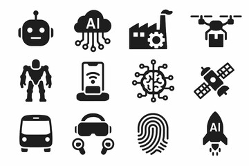 Future technology icon set. Solid vector icons of robot, cloud AI, drone, exoskeleton, VR headset, fingerprint and smart factory. High-tech pack.
