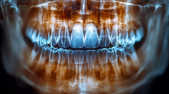 Vibrant Panoramic Dental X-ray (OPG) of Human Teeth and Jawbone, showcasing detailed oral anatomy with glowing blue enamel and warm orange bone structures