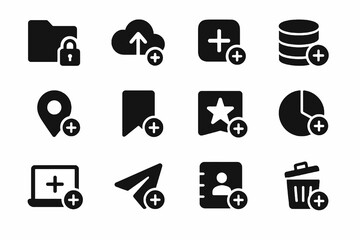 Solid plus icons. Includes map pin, bookmark, recycle bin, cloud, star, laptop, app and database. Minimal vector pack for add actions.