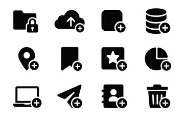 Plus sign icon set. Solid vector icons of secure folder, upload, contact, project, favorite, chart and restore. Add and create actions collection.